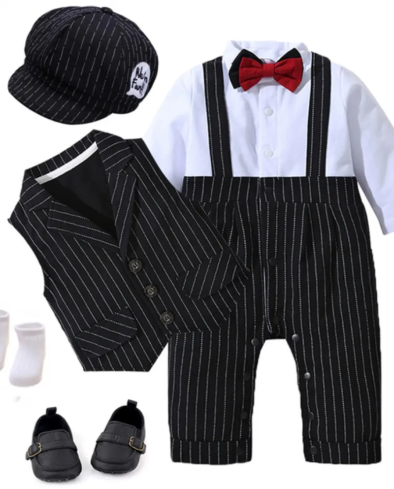 Abiti formali Abito per neonato Abito Cappello nero Gilet Pagliaccetto Scarpe Calzini 6 pezzi Abito in cotone per bambini Bir