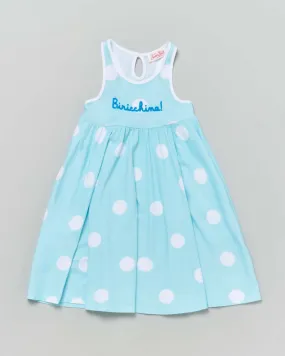 Abito copricostume azzurro a canotta in cotone a fantasia pois bianchi con scritta Birichina 2-6 anni